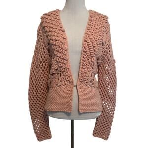 Nine & Co Crochet Cardigan Womens Medium Dusty Pink Floral Open Knit Wool Blend